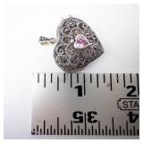 Sterling Silver Heart Locket Pendant with Pink Heart Gemstone