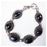 Onyx Cabochon Sterling Silver Toggle Bracelet - Five Oval Settings, 925, 7.5"