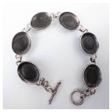 Onyx Cabochon Sterling Silver Toggle Bracelet - Five Oval Settings, 925, 7.5"