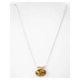 Baltic Green Amber Pendant Necklace - Sterling Silver Oval Cabochon - 18-Inch Chain