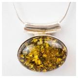 Baltic Green Amber Pendant Necklace - Sterling Silver Oval Cabochon - 18-Inch Chain