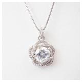 IBB Gorgeous Sterling Silver Halo Pendant Necklace with CZ Round Center Stone - 925