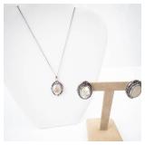 Whiting & Davis Silver Tone Mother of Pearl Oval Pendant Necklace with Matching Clip-On Earrings. 18"