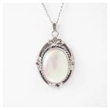 Whiting & Davis Silver Tone Mother of Pearl Oval Pendant Necklace with Matching Clip-On Earrings. 18"