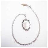 Whiting & Davis Silver Tone Mother of Pearl Oval Pendant Necklace with Matching Clip-On Earrings. 18"
