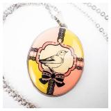 Glam Oval Bird Locket Pendant Necklace with Enamel Design - 28"