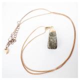 Green Patterned Stone Pendant Necklace on Gold-Tone Chain