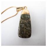Green Patterned Stone Pendant Necklace on Gold-Tone Chain