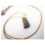 Green Patterned Stone Pendant Necklace on Gold-Tone Chain
