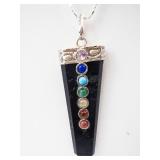 Black Tourmaline Rainbow Chakra Pendant on Sterling Chain -20"