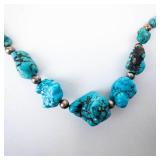 Turquoise Bead Necklace with Center Nugget Stones & Silver Spacer Beads -22"
