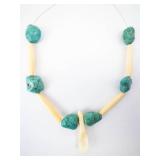 Turquoise and Buffalo Bone? Necklace with Tooth Pendant - Needs Clasp