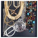 Assorted Costume Jewelry - Gold Tone Chains, Beaded Necklaces & Bracelets