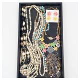 Assorted Costume Jewelry Lot - Pearl Necklaces, Turquoise Beads & Floral Enamel Pieces