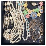 Assorted Costume Jewelry Lot - Pearl Necklaces, Turquoise Beads & Floral Enamel Pieces
