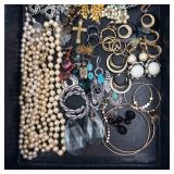 Assorted Costume Jewelry Lot - Pearls, Turquoise & Drusy Pendants, Hoops & Crosses