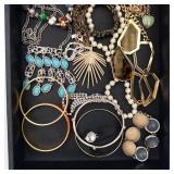 Assorted Costume Jewelry Lot - Pearl Strands, Beads, Bangles, Geometric Pendants