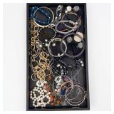 Assorted Costume Jewelry Lot - Gold Tone Chains, Pearl Beads, Bangles & Necklaces