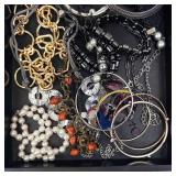 Assorted Costume Jewelry Lot - Gold Tone Chains, Pearl Beads, Bangles & Necklaces