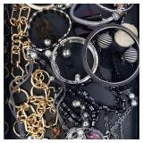 Assorted Costume Jewelry Lot - Gold Tone Chains, Pearl Beads, Bangles & Necklaces