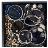 Assorted Costume Jewelry Lot - Gold Tone Chains, Pearl Beads, Bangles & Necklaces