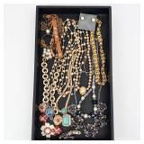 Assorted Costume Jewelry Lot - Pearl Bead Necklaces, Gold Tone Chains & Gemstone Pendants