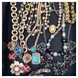 Assorted Costume Jewelry Lot - Pearl Bead Necklaces, Gold Tone Chains & Gemstone Pendants