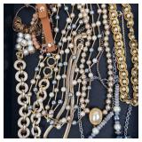 Assorted Costume Jewelry Lot - Pearl Bead Necklaces, Gold Tone Chains & Gemstone Pendants