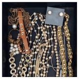 Assorted Costume Jewelry Lot - Pearl Bead Necklaces, Gold Tone Chains & Gemstone Pendants