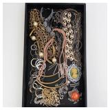 Assorted Vintage Costume Jewelry - Cameo Pendant, Pearl Beads & Mixed Chains