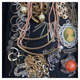 Assorted Vintage Costume Jewelry - Cameo Pendant, Pearl Beads & Mixed Chains