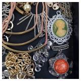 Assorted Vintage Costume Jewelry - Cameo Pendant, Pearl Beads & Mixed Chains