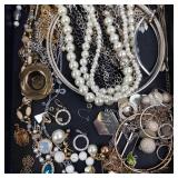 Assorted Costume Jewelry Lot - Pearl Necklaces, Chains, Hoops & Rings
