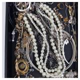 Assorted Costume Jewelry Lot - Pearl Necklaces, Chains, Hoops & Rings