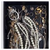 Assorted Costume Jewelry Lot - Pearl Necklaces, Chains, Hoops & Rings