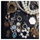 Assorted Costume Jewelry Lot - Pearl Necklaces, Chains, Hoops & Rings
