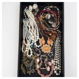 Assorted Costume Jewelry Necklaces & Bracelets - Pearl Strands, Orange Bib Necklace & Pink Stones