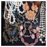 Assorted Costume Jewelry Necklaces & Bracelets - Pearl Strands, Orange Bib Necklace & Pink Stones
