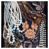 Assorted Costume Jewelry Necklaces & Bracelets - Pearl Strands, Orange Bib Necklace & Pink Stones
