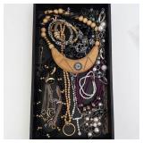 Assorted Costume Jewelry Lot - Crescent Wood Pendant Necklace, Beads, Pearls & More