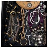 Assorted Costume Jewelry Lot - Crescent Wood Pendant Necklace, Beads, Pearls & More