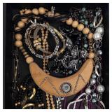 Assorted Costume Jewelry Lot - Crescent Wood Pendant Necklace, Beads, Pearls & More