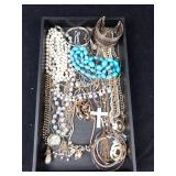 Assorted Costume Jewelry Lot - Pearl Bead Strands, Turquoise Beads, Cross Pendants & Gold Chains