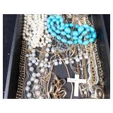 Assorted Costume Jewelry Lot - Pearl Bead Strands, Turquoise Beads, Cross Pendants & Gold Chains