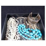 Assorted Costume Jewelry Lot - Pearl Bead Strands, Turquoise Beads, Cross Pendants & Gold Chains