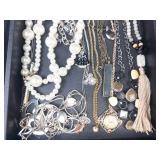 Assorted Costume Jewelry Lot - Pearls & Beads, Chains & Pink Teardrop Rings