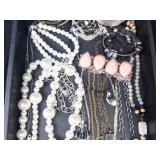 Assorted Costume Jewelry Lot - Pearls & Beads, Chains & Pink Teardrop Rings