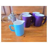 Glass Tea Pot, 4 Purple Cups and Blue Creamer