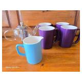 Glass Tea Pot, 4 Purple Cups and Blue Creamer