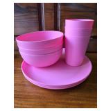 Camping Dinner Ware, 4 Coffee Cups with Lids, Pink, Red and Gray Cups, Plates and Bowls